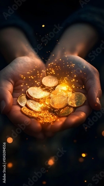 Fototapeta A person's hands holding gold coins, glowing and shining brightly in the sunlight, bokeh 
