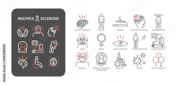 Fototapeta Multiple sclerosis. Symptoms, Causes, Treatment. Line icons set. Vector signs for web graphics.