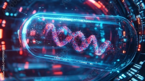 Fototapeta A digital representation of dna strands encapsulated in futuristic capsules, symbolizing advanced biotech and precise treatment.
