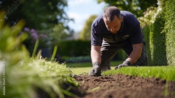 Fototapeta Turf Installation for a New Lawn by a Landscape Gardener