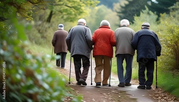 Fototapeta A serene stroll elderly individuals walking together in nature emphasizing connection and companionship in their golden years