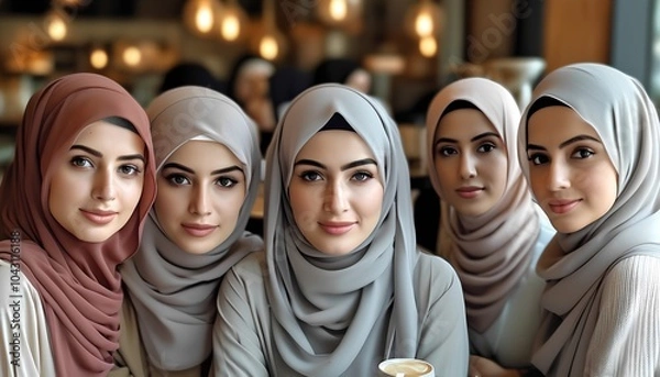 Obraz Capturing the essence of sisterhood a beautiful gathering of women in traditional hijabs celebrating diversity and connection at a cozy cafe setting