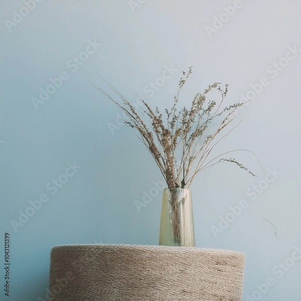 Obraz A delicate arrangement of dried flowers in a glass vase, set against a soft blue background, offering a touch of natural beauty and simplicity to any space.