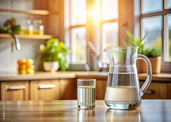 Fototapeta A glass of purified water sits alongside a jug on the kitchen bench, showcasing a refreshing hydration moment that emphasizes clarity and health in every sip.