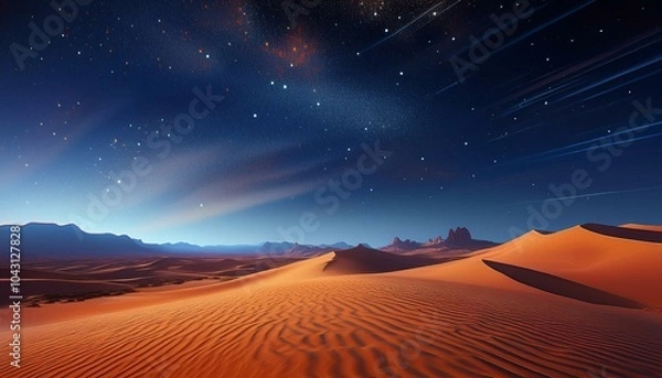 Obraz A breathtaking view of a serene desert landscape under a stunning starry night sky, with soft sand dunes illuminated by the glow of the stars.