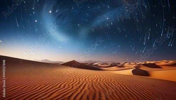 Obraz A breathtaking view of a serene desert landscape under a stunning starry night sky, with soft sand dunes illuminated by the glow of the stars.