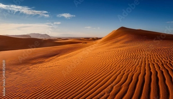 Obraz A stunning desert scene with endless red sand dunes under a bright blue sky, capturing the vastness and beauty of the arid landscape.