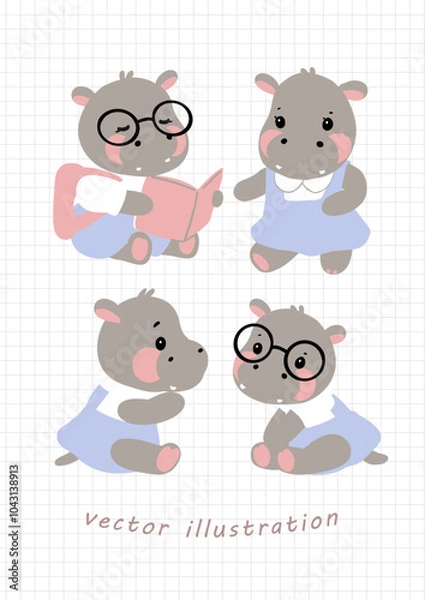 Obraz Set of adorable cartoon Pygmy hippos in various poses, including reading and sitting. Perfect for children’s designs, educational materials, and playful artwork