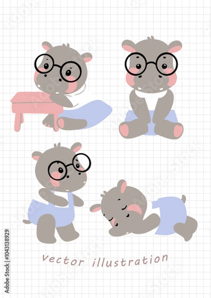 Obraz Cute cartoon hippos with glasses in various poses, from studying to sleeping. Perfect for children's educational materials, nursery art, and playful designs