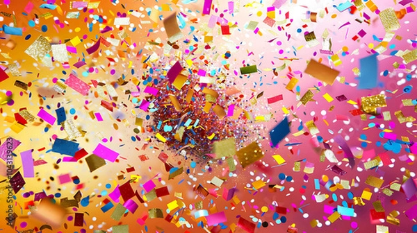 Fototapeta Colorful confetti flying in the air with a blurred background in shades of pink, orange, and yellow.