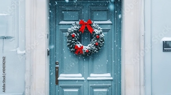 Fototapeta A minimalist front door with a simple green wreath adorned with red bows, surrounded by light dusting of snow.