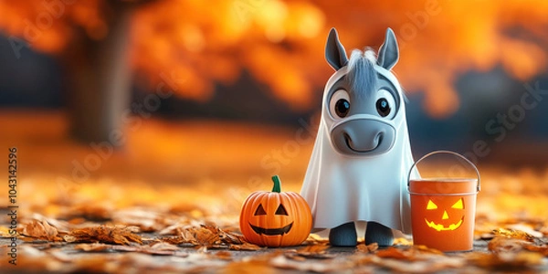 Fototapeta A charming horse clad in a ghost costume stands beside a carved pumpkin and a candy bucket amidst vibrant autumn leaves. It\'s a delightful seasonal scene filled with festive cheer