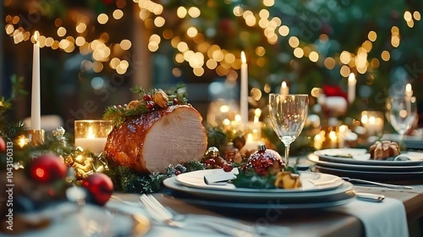 Obraz Elegant Christmas Dinner Table with Candles and Decorations
