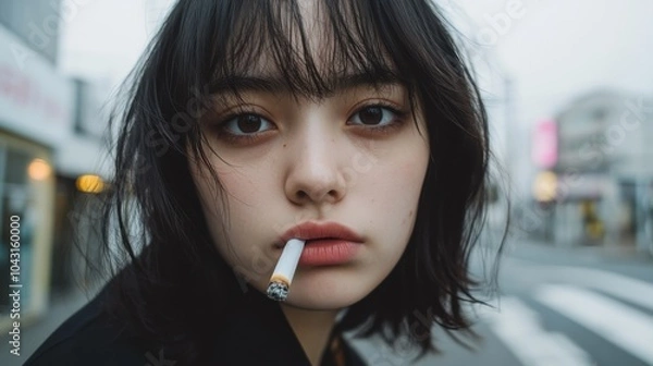 Fototapeta 都会の雰囲気：街の通りでタバコを吸う若い女性