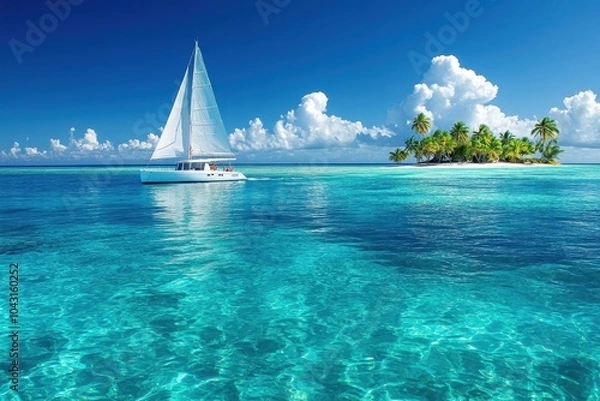 Fototapeta A white sailboat sails towards a tropical island with clear blue waters and palm trees.
