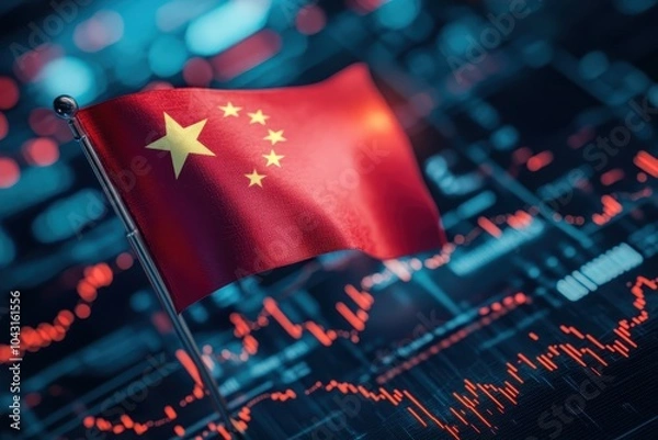 Fototapeta The Chinese flag stands tall against a backdrop of financial charts.