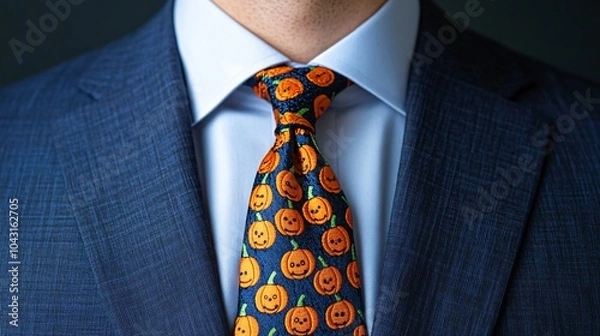 Fototapeta Whimsical Thanksgiving tie with smiling pumpkins and turkey characters.