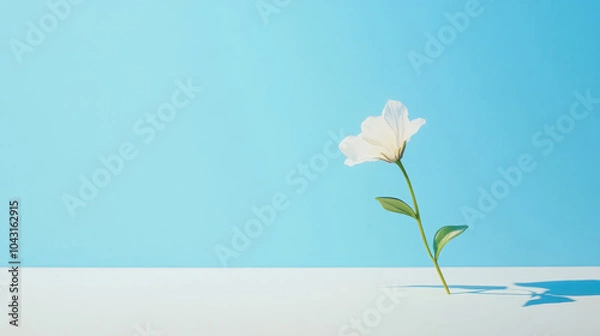 Fototapeta Single white flower casting shadow on blue surface, minimal design background