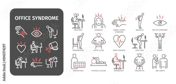 Fototapeta Office syndrome infographic. Symptoms and causes. Line icons set. Vector signs for web graphics