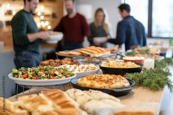 Fototapeta A table full of delicious food with blurred people in the background.