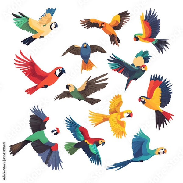 Fototapeta Vibrant collection of colorful birds soaring in various poses, showcasing their unique plumage and beauty in a lively arrangement.