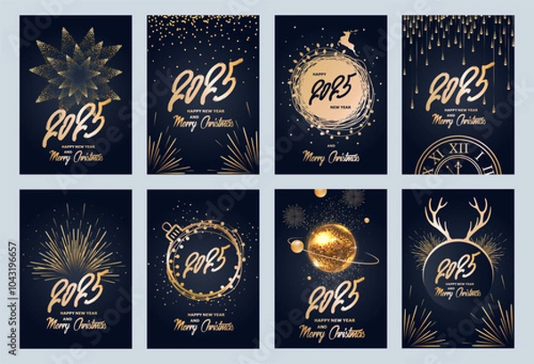 Fototapeta Set of Christmas banners. 2025 new year. Glowing particles, fireworks and lights. Templates for banners, flyers, posters, cards. Vector illustration.