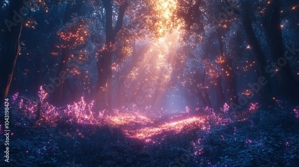 Fototapeta Mystical forest with glowing plants and ethereal light beams shining through dense, ancient trees, creating a magical atmosphere
