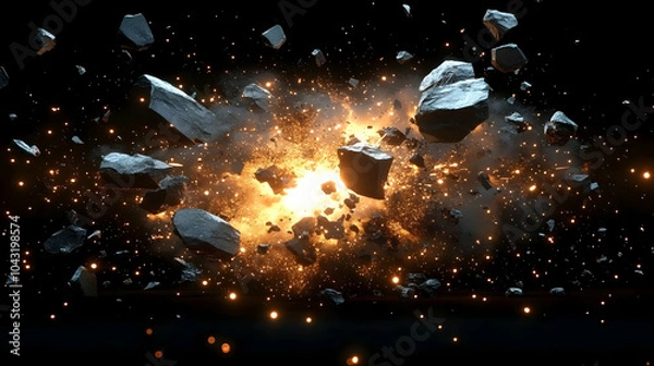 Fototapeta 3D Render: Explosion with Debris and Glowing Particles