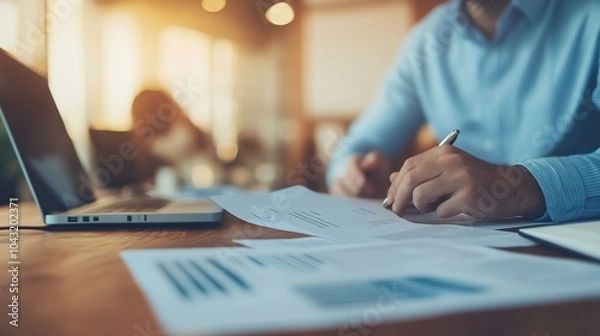 Fototapeta A job candidate is focused on taking notes and reviewing essential documents while sitting at a spacious desk in a contemporary office setting
