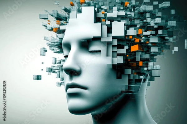 Fototapeta Floating cubes evolve above a stylized human head, portraying abstract concepts of growth, change, and human complexity.