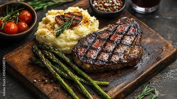 Fototapeta Grilled beef ribeye steak with charred asparagus and mashed potatoes, grilled beef steak, steakhouse experience