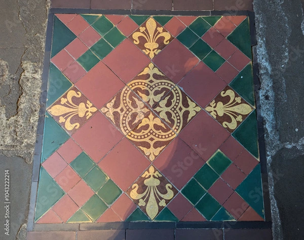 Obraz A close up view of old ceramic floor tiles making a pattern  in an old church in England, UK.