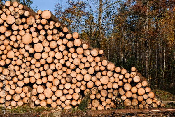 Obraz Logging, works in the forest, sawing trees, felled trees. Piles of timber in the forest. 