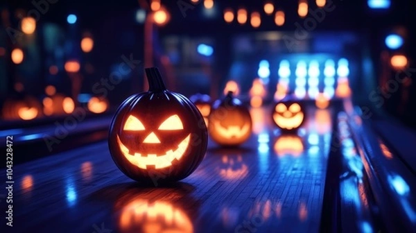 Fototapeta Pumpkin-shaped pins glowing in the dark, with an eerie bowling ball illuminated in a dimly lit space. Perfect setting for a Halloween bowling game.