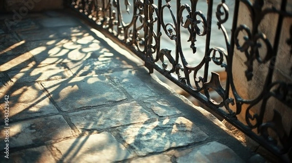 Obraz Sunlight filters through an intricate wrought iron window grate, casting delicate shadows on a stone floor, showcasing fine old-world craftsmanship.