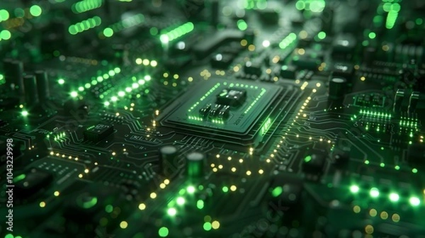 Fototapeta Analyzing Data from Microchip with Green Neon Glow and Depth of Field