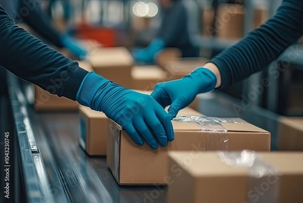 Fototapeta Efficiently preparing packages for seamless shipping. The hands of an online store meticulously pack and protect products, ensuring a smooth fulfillment process for satisfied customers, Generative AI