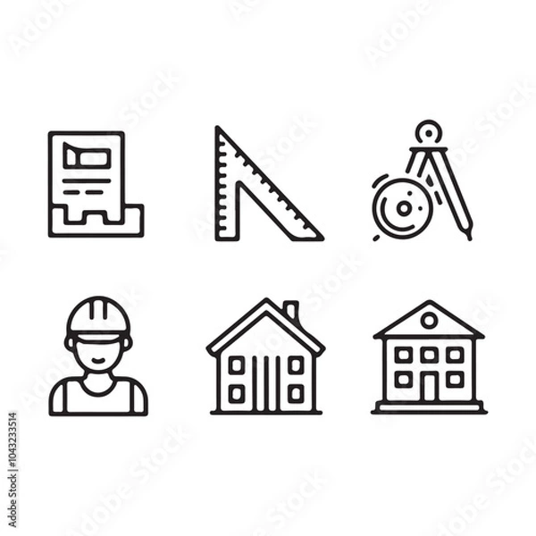 Fototapeta rchitectural Design Icons Set: Line Art Symbols for Construction, Blueprints, and Urban Planning