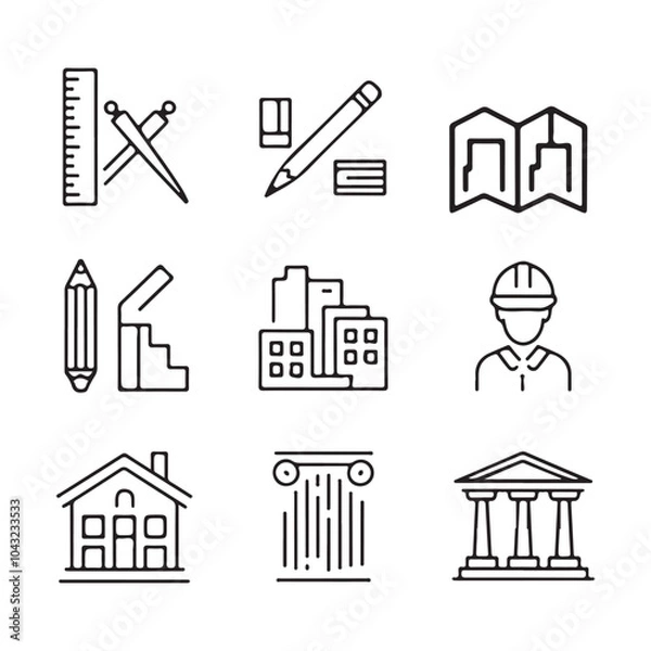 Fototapeta rchitectural Design Icons Set: Line Art Symbols for Construction, Blueprints, and Urban Planning