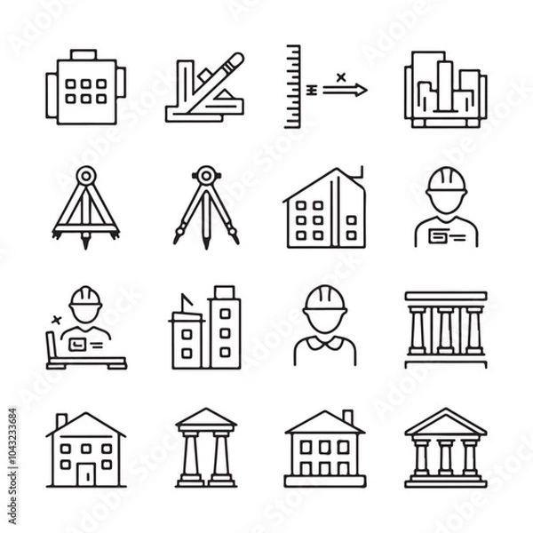 Fototapeta rchitectural Design Icons Set: Line Art Symbols for Construction, Blueprints, and Urban Planning