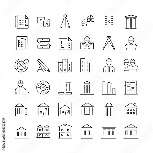 Fototapeta rchitectural Design Icons Set: Line Art Symbols for Construction, Blueprints, and Urban Planning