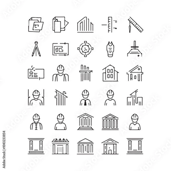 Fototapeta rchitectural Design Icons Set: Line Art Symbols for Construction, Blueprints, and Urban Planning