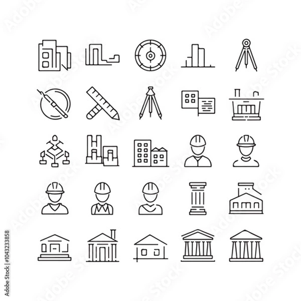 Fototapeta rchitectural Design Icons Set: Line Art Symbols for Construction, Blueprints, and Urban Planning