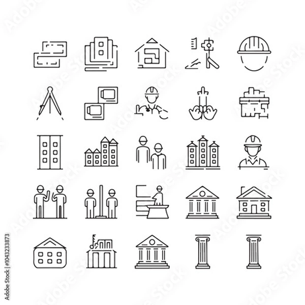 Fototapeta rchitectural Design Icons Set: Line Art Symbols for Construction, Blueprints, and Urban Planning