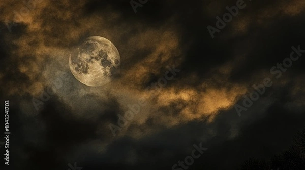 Fototapeta A luminous full moon partially obscured by dark, swirling clouds at night.