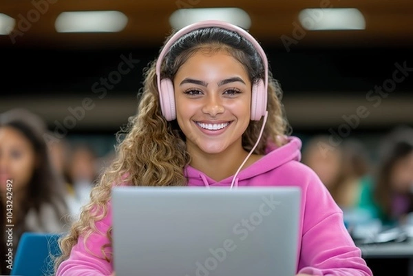 Obraz A Hispanic Latin Girl College Student Using Laptop Computer Watching Distance Online Learning Seminar Class, Remote University Webinar or Having Virtual Classroom Meeting in University Creative Space