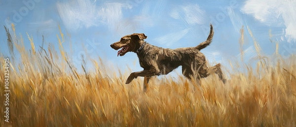 Obraz German Wirehaired Pointer Dog Running Through Tall Grass in Action
