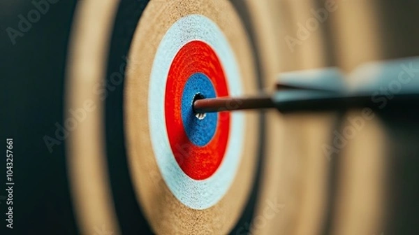Fototapeta A close-up of a dart piercing the center of a colorful target, showcasing precision and focus in archery or dart games.