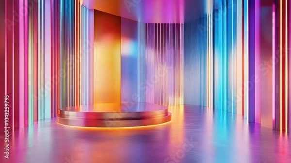 Fototapeta A vibrant, futuristic setting featuring colorful vertical stripes and glowing circular platform, ideal for events or visual presentations.