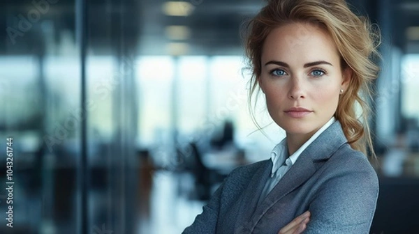 Obraz A professional woman stands with her arms crossed in a sleek office with large windows, reflecting confidence and determination in her workplace